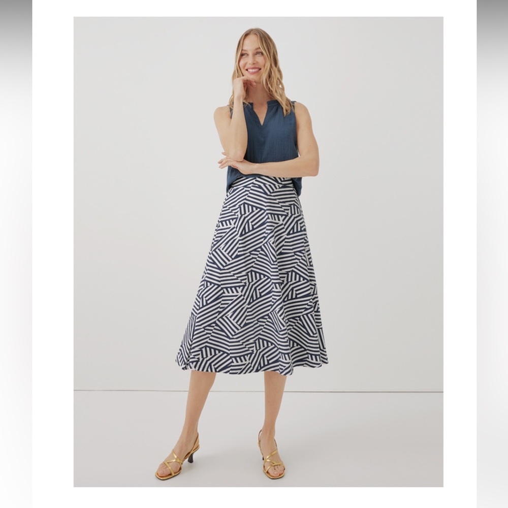 Pact Fit and Flare Midi Skirt, size small, navy and white stripes
